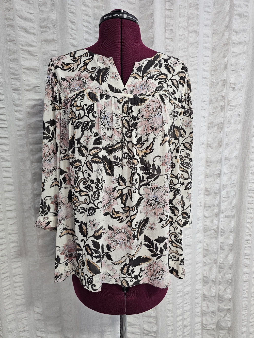 Loft Peasant Boho Flowy Floral Split-Neck Long-Sleeve Top Petite Large